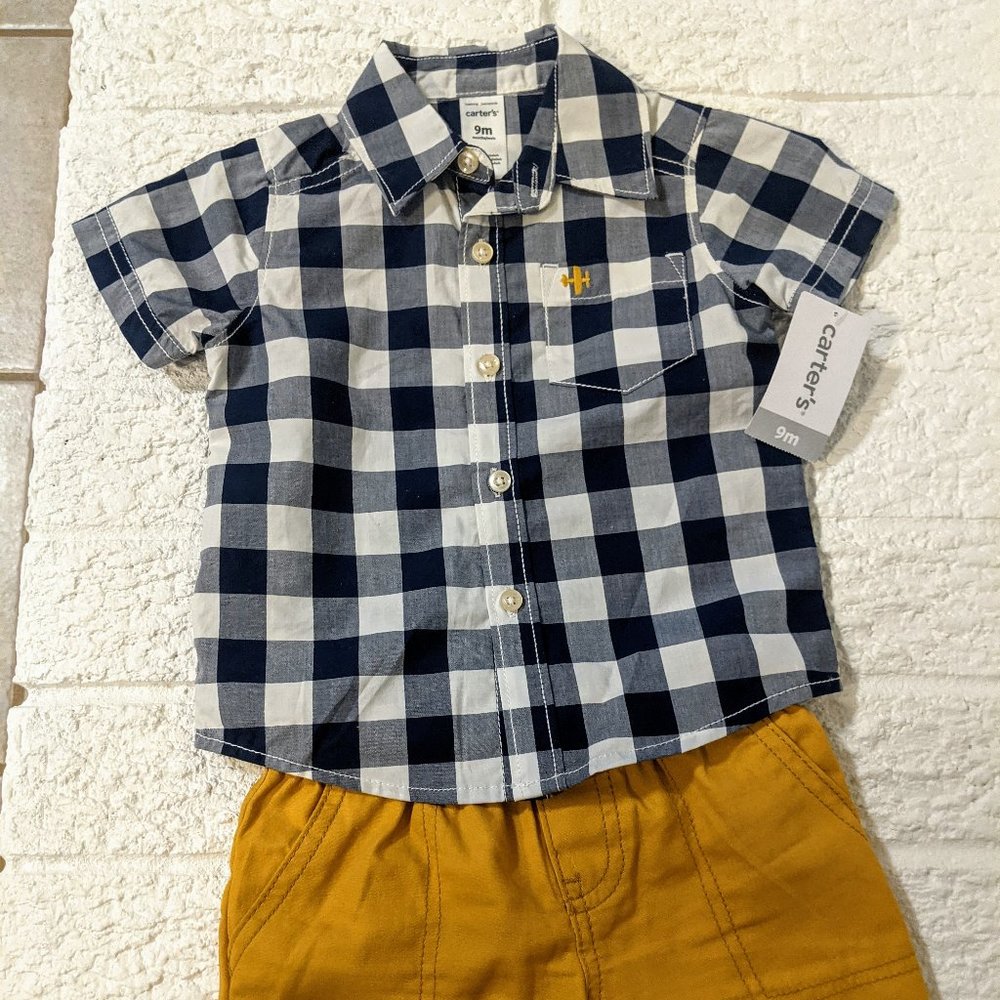 NWT Carter's Short Sleeve Plaid checked button down shirt and shorts set 9 month